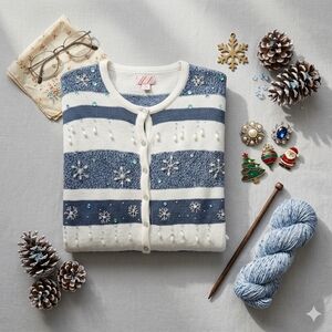 Holiday Time Embellished Snowflake Sequin Beaded Kitschy Winter Cardigan Size XL